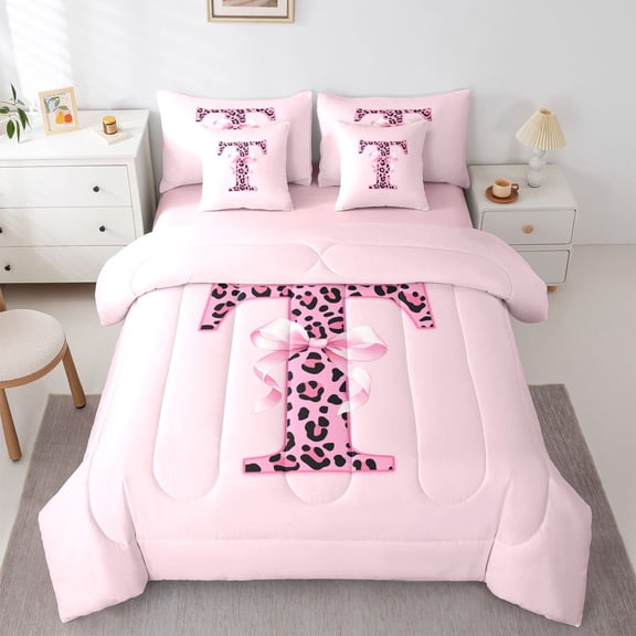 Catabedysis Pink Ribbon Bowknot 7-Piece Twin Bedding,Cheetah Alphabet T Design Bedding Comforter Set,Pink Reversible For Girls