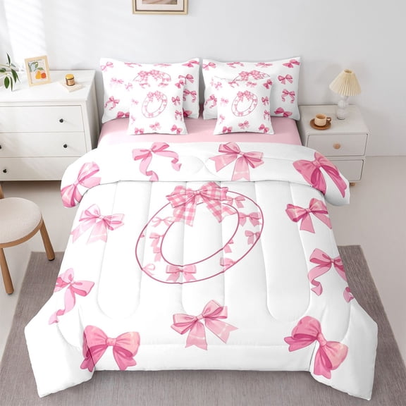 Catabedysis Pink Ribbon Bows 7-Piece Twin Bedding,Lovely Bowknot Alphabet O Pattern Bedding Comforter Set,Pink Reversible For Girls