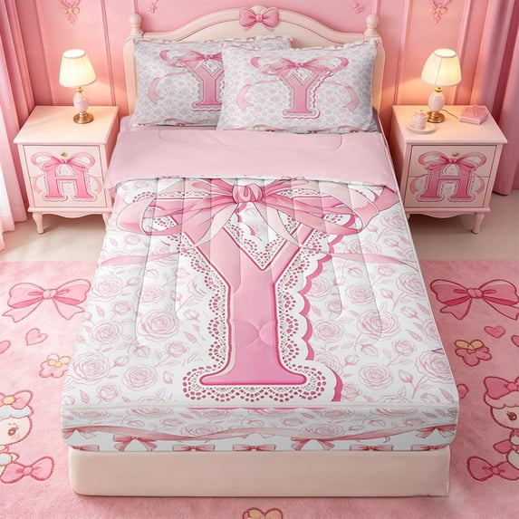 Catabedysis Pink Rose Initial Y Zipper Twin Comforter Sets with Fitted Sheet and 2 Pillowcases,Girly Bowknot ABC Themed Zipper Bedding Set For Girls,Pink Reversible,4-Piece