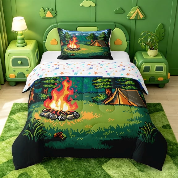 Catabedysis Pixel Camping Twin Comforter Sets,Campfire Tent Print Bedding Set For Boys,Multicolor,Colorful Stars Reversible,2pcs,1 Comforter and 1 Pillowcase