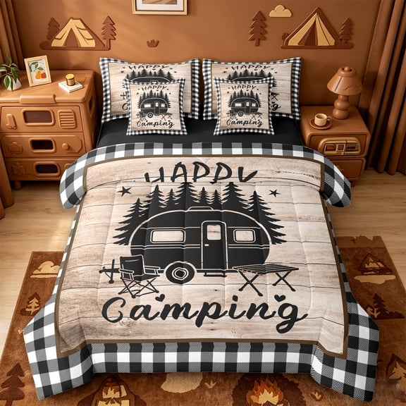 Catabedysis Plaid Camping 7-Piece Twin Bedding,Camper Silhouette Print Bedding Comforter Set For Boys,Multicolor,Black Reversible