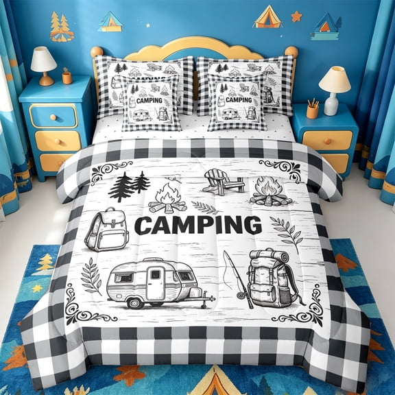 Catabedysis Plaid Camping 7-Piece Twin Bedding,Line Art Print Bedding Comforter Set For Boys,Multicolor,Reversible