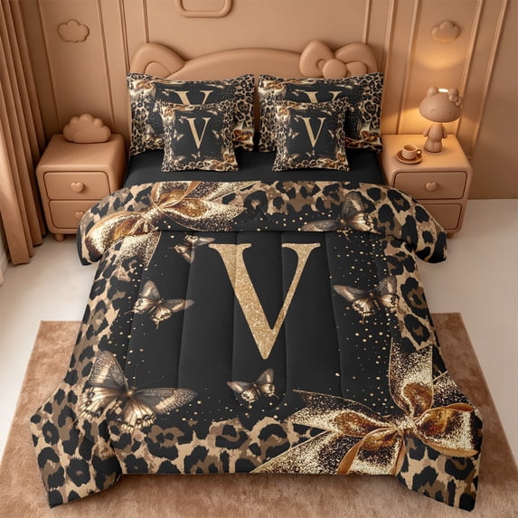 Catabedysis Princess Bows Alphabet V 7-Piece King Bedding,Brown Leopard Animal Print King Bed in a Bag,Black Reversible For Girls