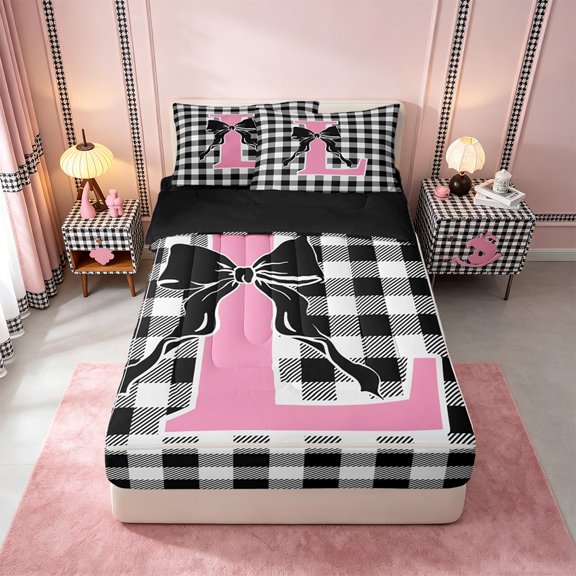 Catabedysis Princess Bowtie Initial L Zipper Twin Comforter Sets with Fitted Sheet and 2 Pillowcases,Pink ABC Themed Zipper Bedding Set For Girls,Black Reversible,4 Pieces