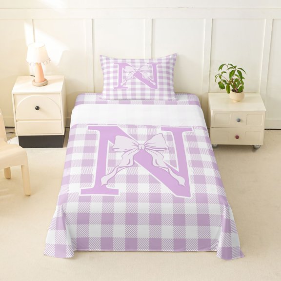 Catabedysis Purple ABC Print N Twin Sheets,Personalized Monogrammed Gifts Bedding For Girls,3pcs,1 Fitted Sheet and 1 Pillowcase