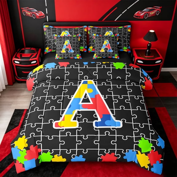 Catabedysis Puzzle ABC Print A 7-Piece Twin Bedding,Personalized Monogrammed Gifts Bedding Comforter Set,Black Reversible For Girls