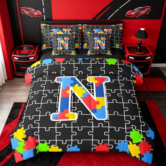 Catabedysis Puzzle ABC Print N 7 Pieces Full Size Bedding Sets,Personalized Monogrammed Gifts Full Size Bed in a Bag,Black Reversible For Girls
