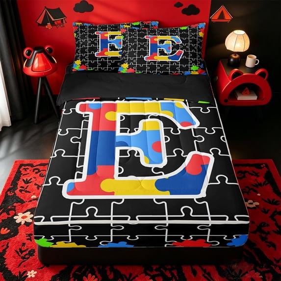 Catabedysis Puzzle Grid Pattern Zipper Twin Comforter Sets with Fitted Sheet and 2 Pillowcases,Abstract Geometric Monogrammed E Design Zipper Bedding Set For Girls,Black Reversible,4-Piece