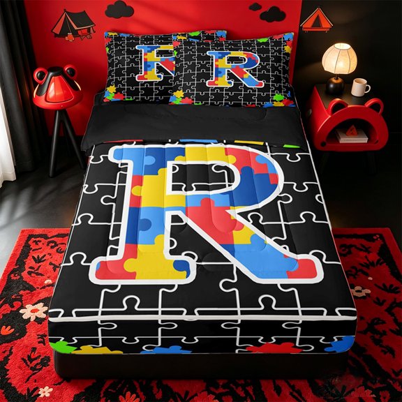 Catabedysis Puzzle Grid Pattern Zipper Twin Comforter Sets with Fitted Sheet and 2 Pillowcases,Abstract Geometric Monogrammed R Design Zipper Bedding Set For Girls,Black Reversible,4 Pieces
