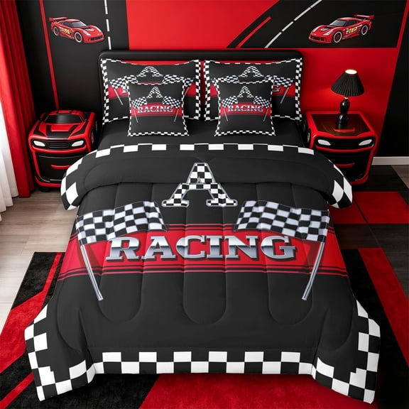 Catabedysis Racing Flag ABC Print A 7-Piece Twin Bedding,Personalized Monogrammed Gifts Bedding Comforter Set,Black Reversible For Boys