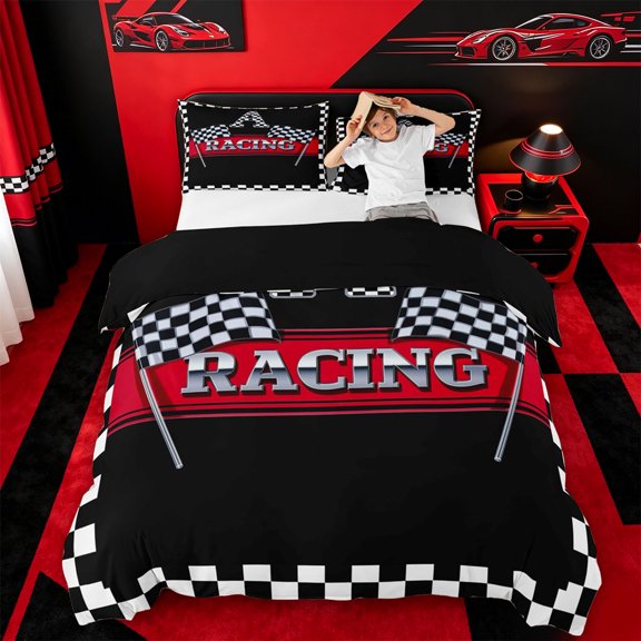 Catabedysis Racing Flag ABC Print A Bedding For Boys,Personalized Monogrammed Gifts Duvet Cover Full,Black Reversible,3-Piece,1 Duvet Cover and 2 Pillowcases