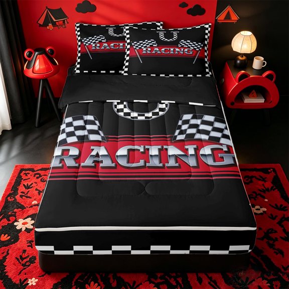 Catabedysis Racing Flag ABC Print U Zipper Twin Comforter Sets with Fitted Sheet and 2 Pillowcases For Boys,Personalized Monogrammed Gifts Zipper Bedding Set,Black Reversible,4-Piece