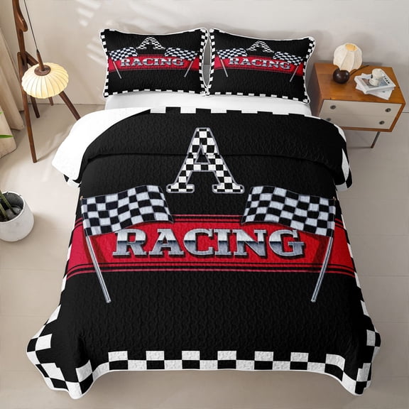 Catabedysis Racing Flag Abc Print A Quilt Full For Boys,Personalized Monogrammed Gifts Full Bedspread Sets,3-Piece