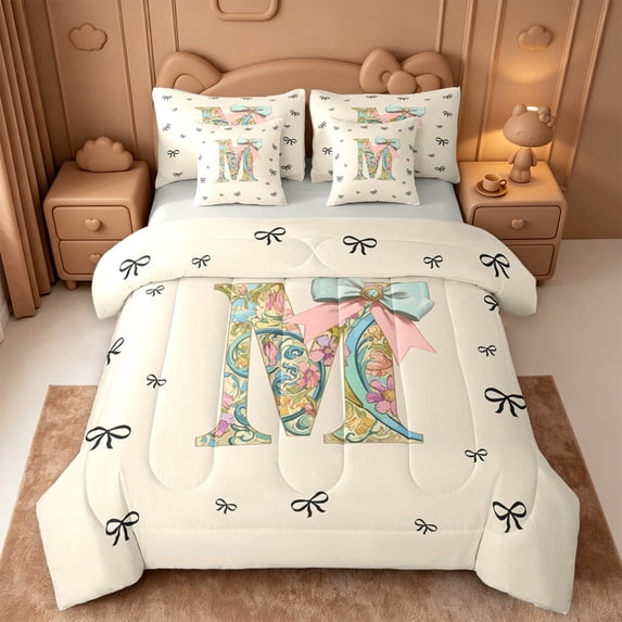 Catabedysis Rainbow Cute Bows 7-Piece Twin Bedding,Bowtie Monogram Print M Bedding Comforter Set,Light Gray Reversible For Girls