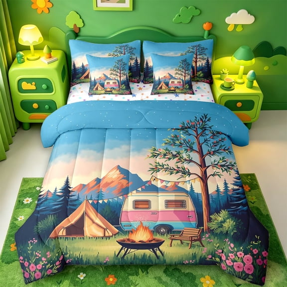 Catabedysis Rainbow Cute Camping 7 Pieces Full Size Bedding Sets For Girls,Camper Tent Print Full Size Bed in a Bag,Multicolor,Colorful Stars Reversible