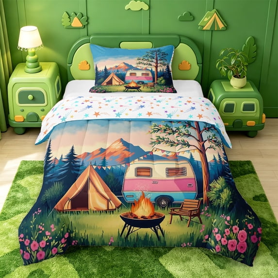 Catabedysis Rainbow Cute Camping Twin Comforter Sets For Girls,Camper Tent Print Bedding Set,Multicolor,Colorful Stars Reversible,2-Piece,1 Comforter and 1 Pillowcase
