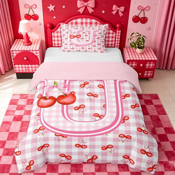 Catabedysis Red Cherry Pattern Twin Duvet Cover,Checkered Initial U Pattern Twin Bedding For Girls,Pink Reversible,2 Pieces,1 Duvet Cover and 1 Pillowcase