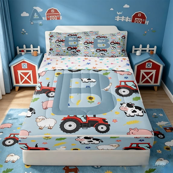 Catabedysis Red Tractor Letter Print Zipper Twin Comforter Sets with Fitted Sheet and 2 Pillowcases For Boys,Cute Farm Animal Monogrammed B Zipper Bedding Set,Colorful Stars Reversible,4 Pieces