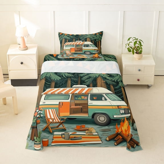 Catabedysis Retro Camper Twin Sheets,Colorful Camp Print Bedding For Boys,Multicolor,3pcs,1 Fitted Sheet and 1 Pillowcase