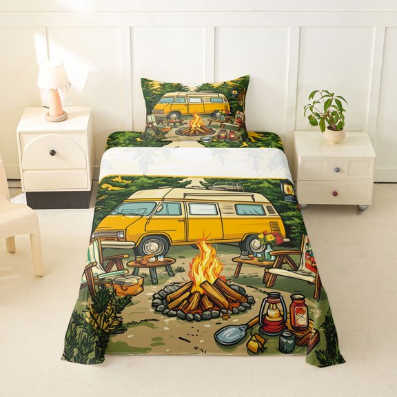 Catabedysis Retro Camper Twin Sheets,Yellow Camping Print Bedding For Boys,Multicolor,3 Pieces,1 Fitted Sheet and 1 Pillowcase