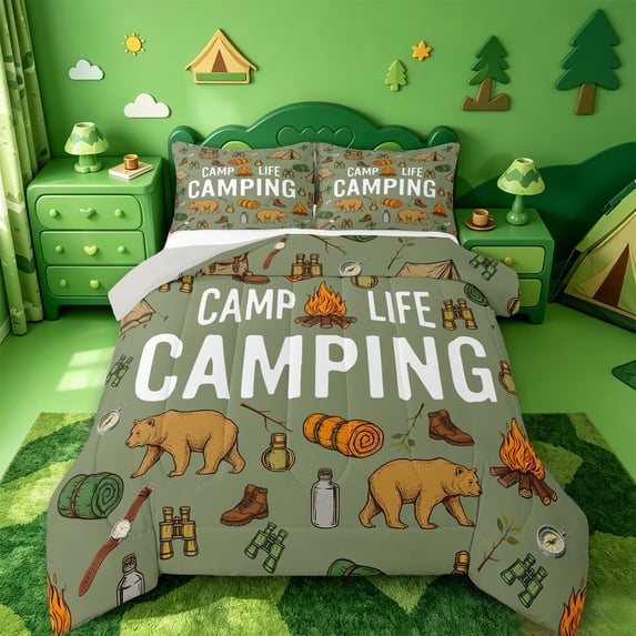 Catabedysis Retro Camping Full Size Comforter Sets,Camp Life Print Bedding Comforter Set For Boys,Green,Light Gray Reversible,3 Pieces,1 Comforter and 2 Pillowcases