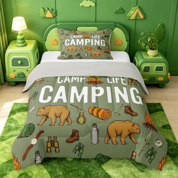 Catabedysis Retro Camping Twin Comforter Sets,Camp Life Print Bedding Set For Boys,Green,Light Gray Reversible,2-Piece,1 Comforter and 1 Pillowcase