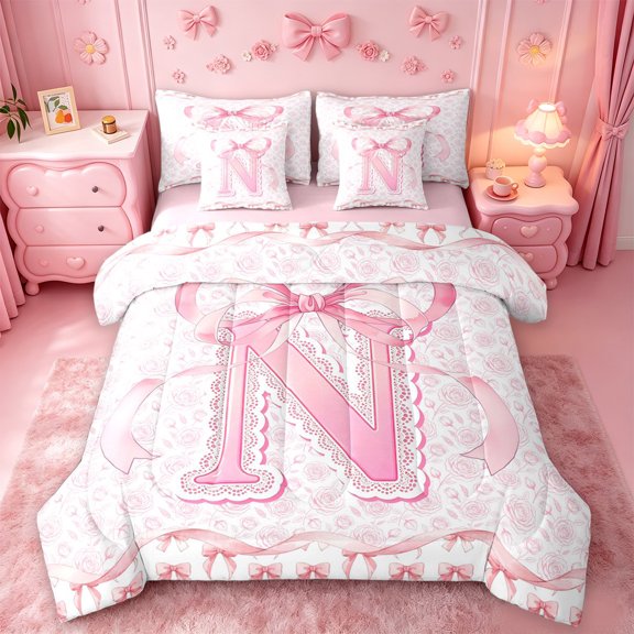 Catabedysis Ribbon ABC Print N 7-Piece Twin Bedding,Personalized Monogrammed Gifts Bedding Comforter Set,Pink Reversible For Girls