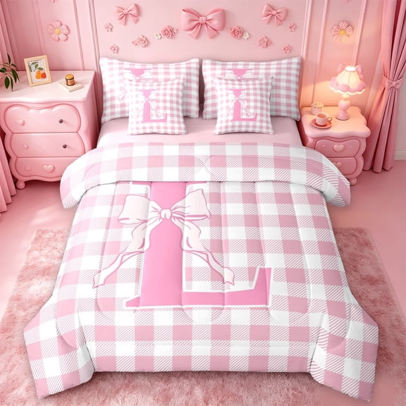 Catabedysis Ribbon Bows Initial L 7-Piece Twin Bedding,Pink ABC Themed Bedding Comforter Set,Pink Reversible For Girls