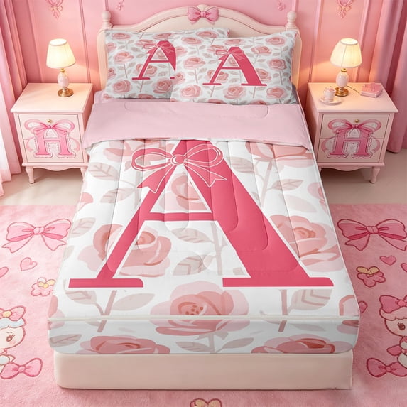 Catabedysis Rose ABC Print A Zipper Twin Comforter Sets with Fitted Sheet and 2 Pillowcases,Personalized Monogrammed Gifts Zipper Bedding Set For Girls,Pink Reversible,4-Piece