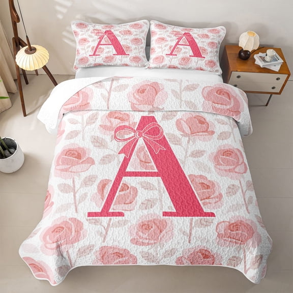 Catabedysis Rose Abc Print A Quilt Full,Personalized Monogrammed Gifts Full Bedspread Sets For Girls,3Pcs