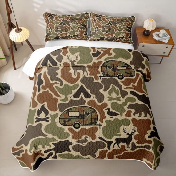 Catabedysis Rustic Camo Camping Quilt Full,Jungle Animal Deer Bear Full Bedspread Sets For Boys,Green Brown,3Pcs