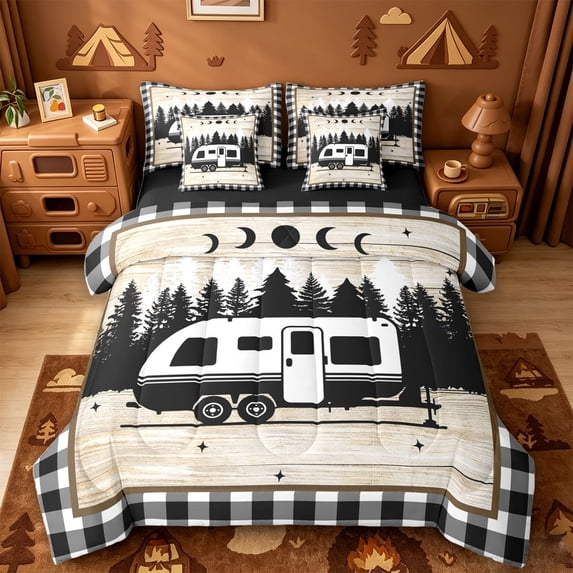 Catabedysis Rustic Camping 7-Piece Twin Bedding,Camper Print Bedding Comforter Set For Boys,Multicolor,Black Reversible