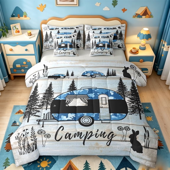 Catabedysis Rustic Camping 7-Piece Twin Bedding,Camper Rabbit Print Bedding Comforter Set For Boys,Multicolor,Light Gray Reversible