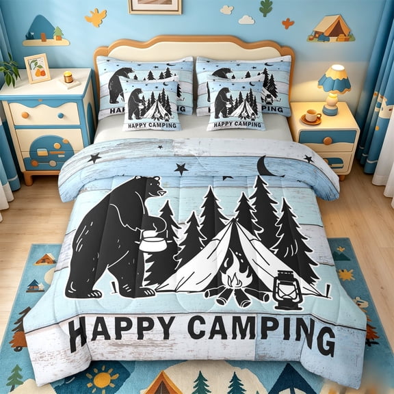Catabedysis Rustic Camping 7 Pieces Full Size Bedding Sets,Bear Silhouette Print Full Size Bed in a Bag For Boys,Multicolor,Light Gray Reversible