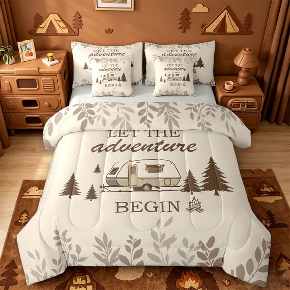 Catabedysis Rustic Camping 7 Pieces Full Size Bedding Sets,Camper Themed Full Size Bed in a Bag For Boys,Multicolor,Light Gray Reversible