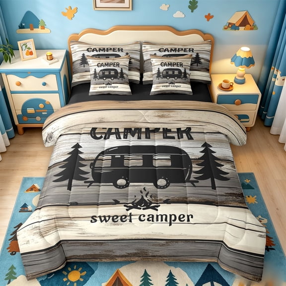 Catabedysis Rustic Camping 7 Pieces Full Size Bedding Sets,Sweet Camper Print Full Size Bed in a Bag For Boys,Multicolor,Black Reversible