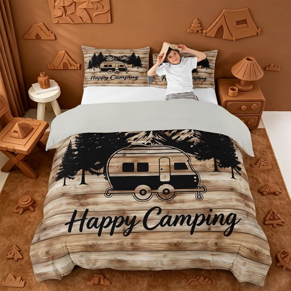 Catabedysis Rustic Camping Adventure Bedding,Camper Silhouette Print Duvet Cover Full For Boys,Multicolor,Light Gray Reversible,3-Piece,1 Duvet Cover and 2 Pillowcases