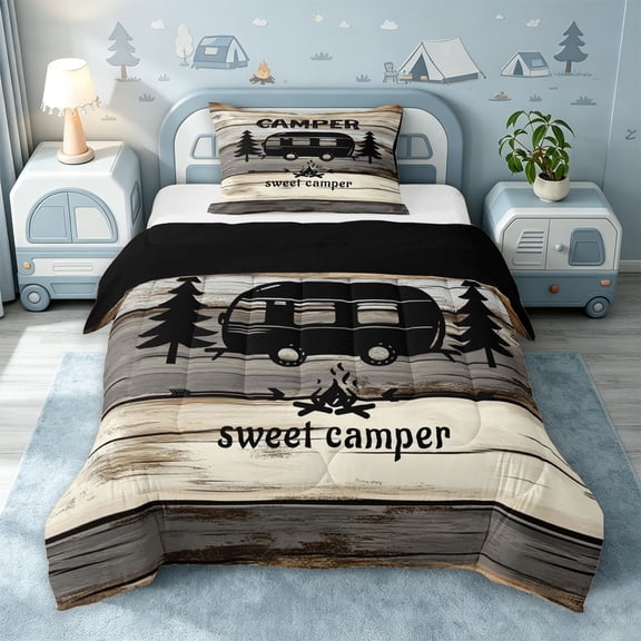 Catabedysis Rustic Camping Twin Comforter Sets,Sweet Camper Print Bedding Set For Boys,Multicolor,Black Reversible,2 Pieces,1 Comforter and 1 Pillowcase