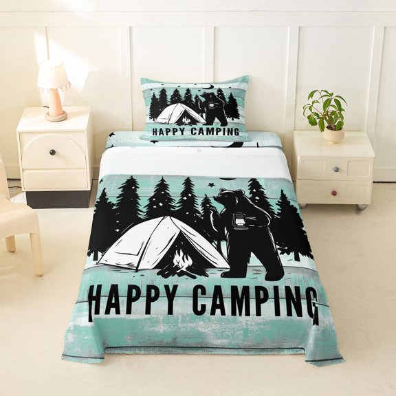Catabedysis Rustic Camping Twin Sheets,Bear Tent Print Bedding For Boys,Teal Black,3 Pieces,1 Fitted Sheet and 1 Pillowcase