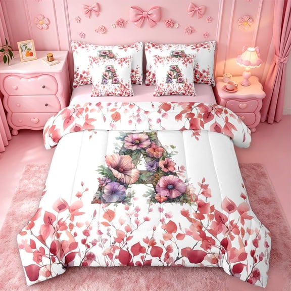 Catabedysis Rustic Flowers ABC Print A 7-Piece Twin Bedding,Personalized Monogrammed Gifts Bedding Comforter Set,Pink Reversible For Girls