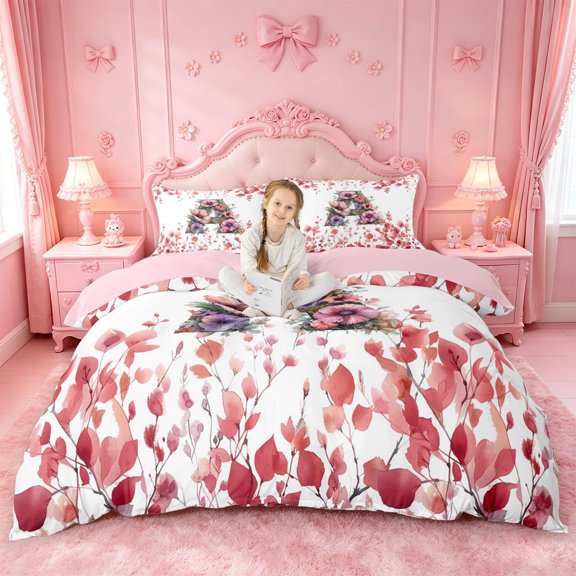 Catabedysis Rustic Flowers ABC Print A Bedding,Personalized Monogrammed Gifts Duvet Cover Full For Girls,Pink Reversible,3-Piece,1 Duvet Cover and 2 Pillowcases