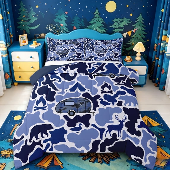 Catabedysis Safari Animal Bear Full Size Comforter Sets,Rustic Camouflage Camping Bedding Comforter Set For Boys,Blue,Navy Blue Reversible,3pcs,1 Comforter and 2 Pillowcases