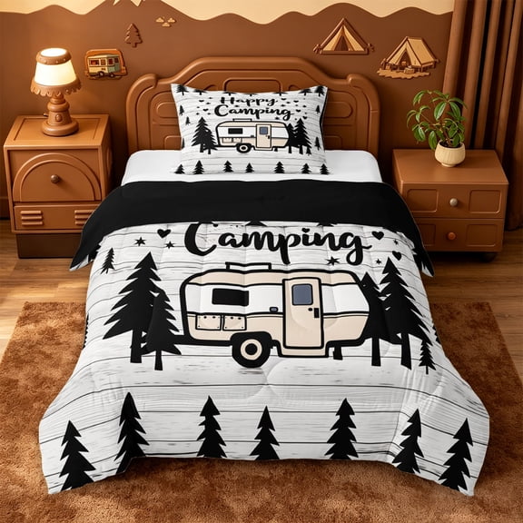 Catabedysis Simple Camper Twin Comforter Sets,Happy Camping Print Bedding Set For Boys,Multicolor,Black Reversible,2pcs,1 Comforter and 1 Pillowcase
