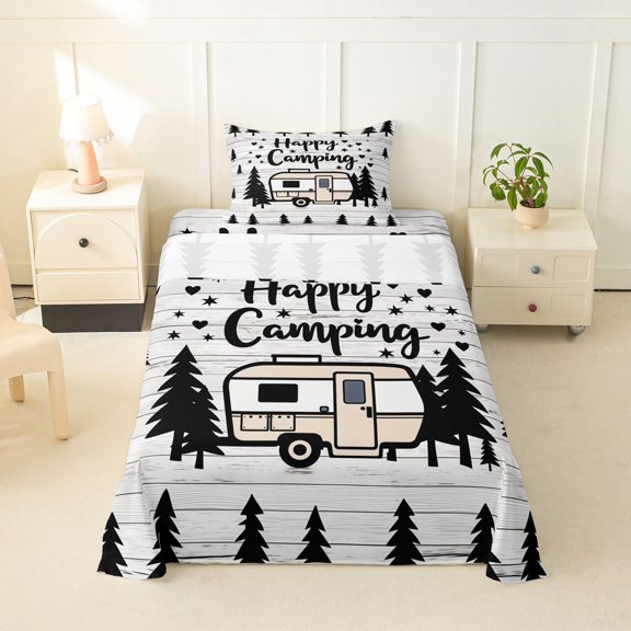Catabedysis Simple Camper Twin Sheets,Happy Camping Print Bedding For Boys,Multicolor,3pcs,1 Fitted Sheet and 1 Pillowcase