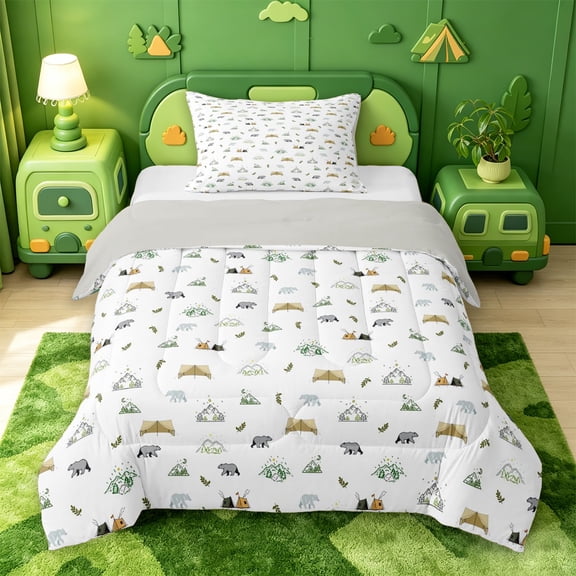 Catabedysis Simple Camping Twin Comforter Sets,Bear Tent Pattern Bedding Set For Boys,Multicolor,Light Gray Reversible,2 Pieces,1 Comforter and 1 Pillowcase
