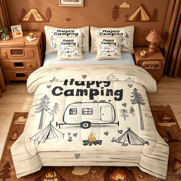Catabedysis Sketch Camping 7 Pieces Full Size Bedding Sets,Camper Tent Print Full Size Bed in a Bag For Boys,Multicolor,Light Gray Reversible