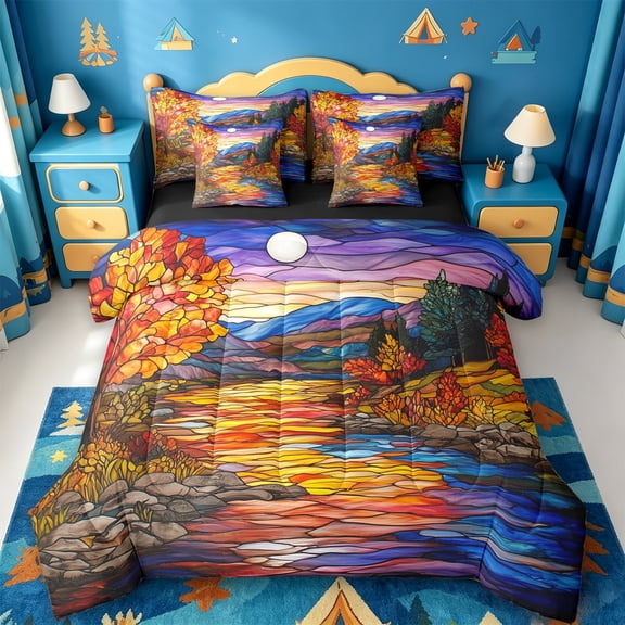 Catabedysis Stained Glass Camping 7-Piece Twin Bedding For Girls,Autumn Landscape Print Bedding Comforter Set,Multicolor,Black Reversible