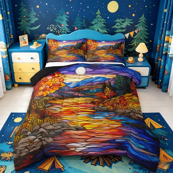 Catabedysis Stained Glass Camping Full Size Comforter Sets For Girls,Autumn Landscape Print Bedding Comforter Set,Multicolor,Black Reversible,3pcs,1 Comforter and 2 Pillowcases
