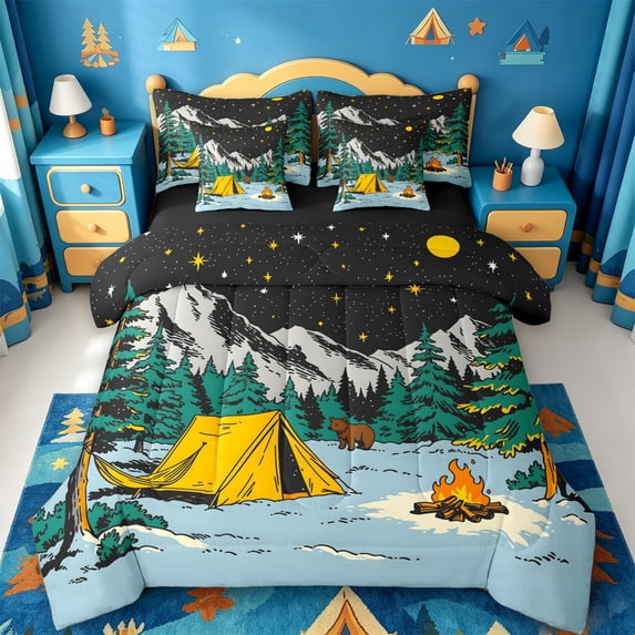 Catabedysis Starry Camping 7-Piece Twin Bedding,Bear Tent Print Bedding Comforter Set For Boys,Multicolor,Black Reversible