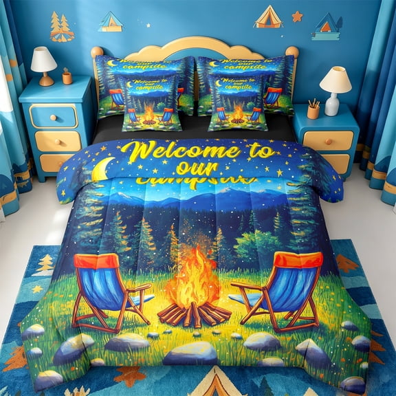 Catabedysis Starry Camping 7-Piece Twin Bedding,Campfire Print Bedding Comforter Set For Boys,Multicolor,Black Reversible